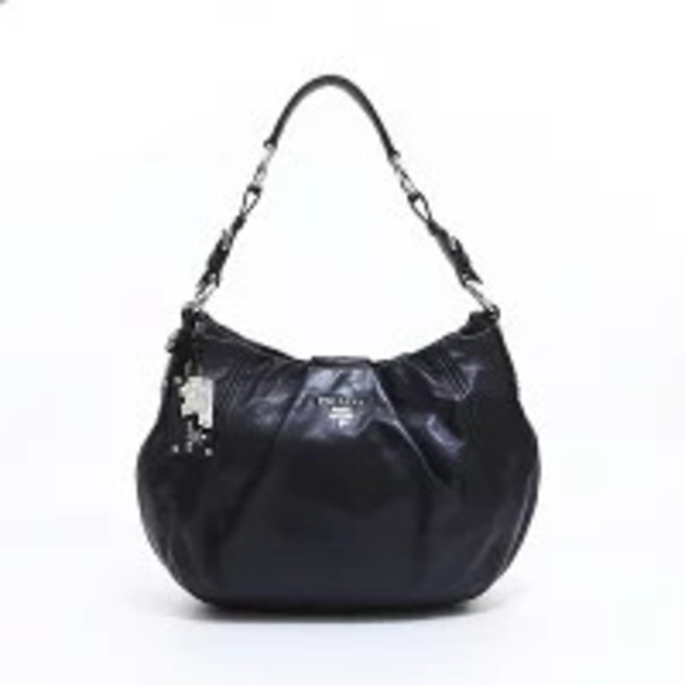 Prada hobo leather bag calf Shoulder pleated soft Black
